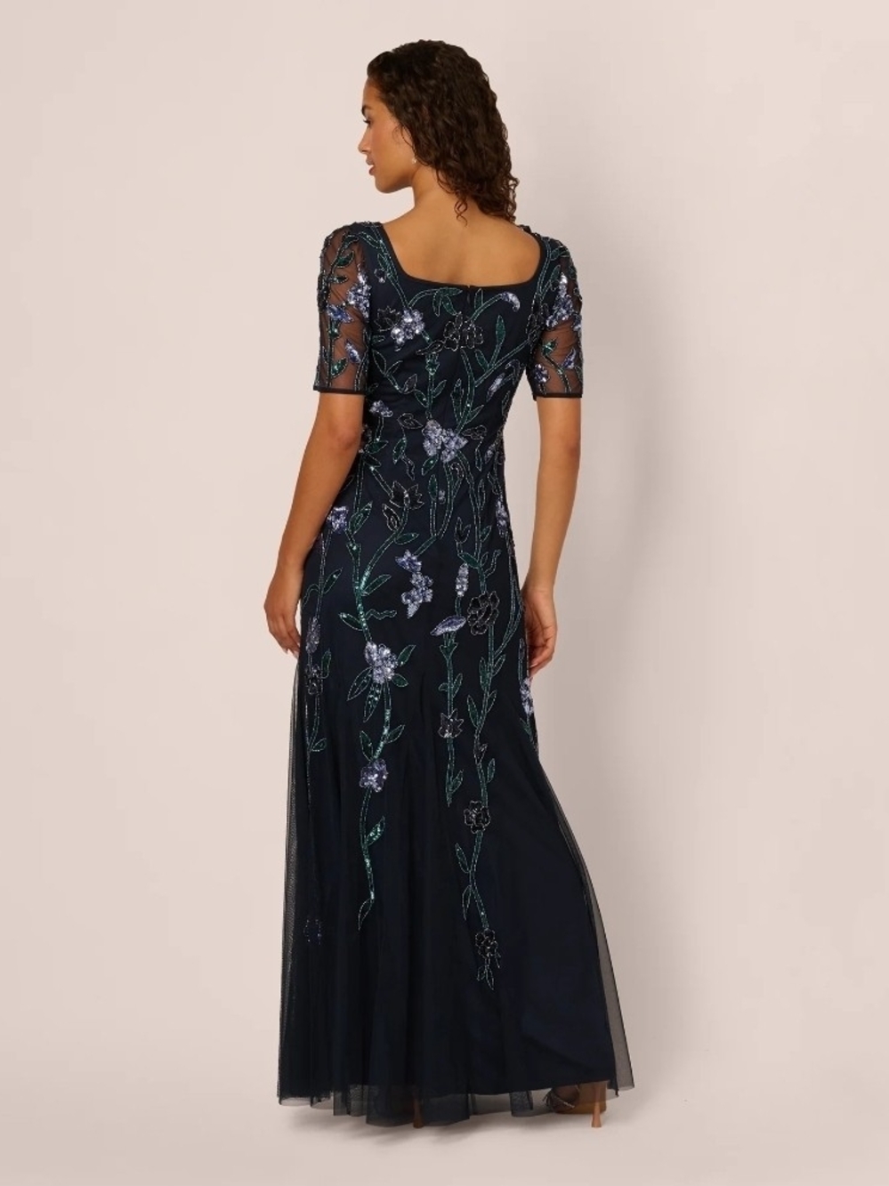 ADRIANNA PAPELL Dress Square Neck  Beaded Godet Gown In Midnight Size 14 Petite - Picture 3 of 10